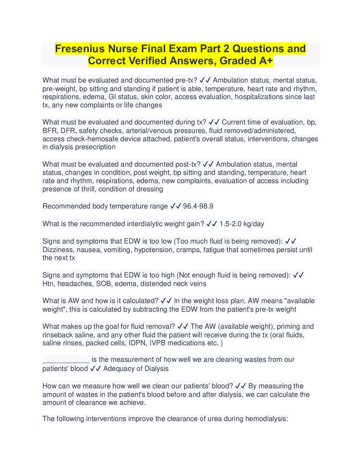 Preview image for Fresenius Nurse Final Exam Part 2 Questions and Correct Verified Answers, Graded A+